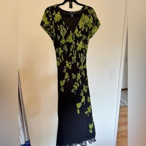 VTG Majick Dress Y2K 90s Black Maxi Floral Green Black Beaded Medium EUC